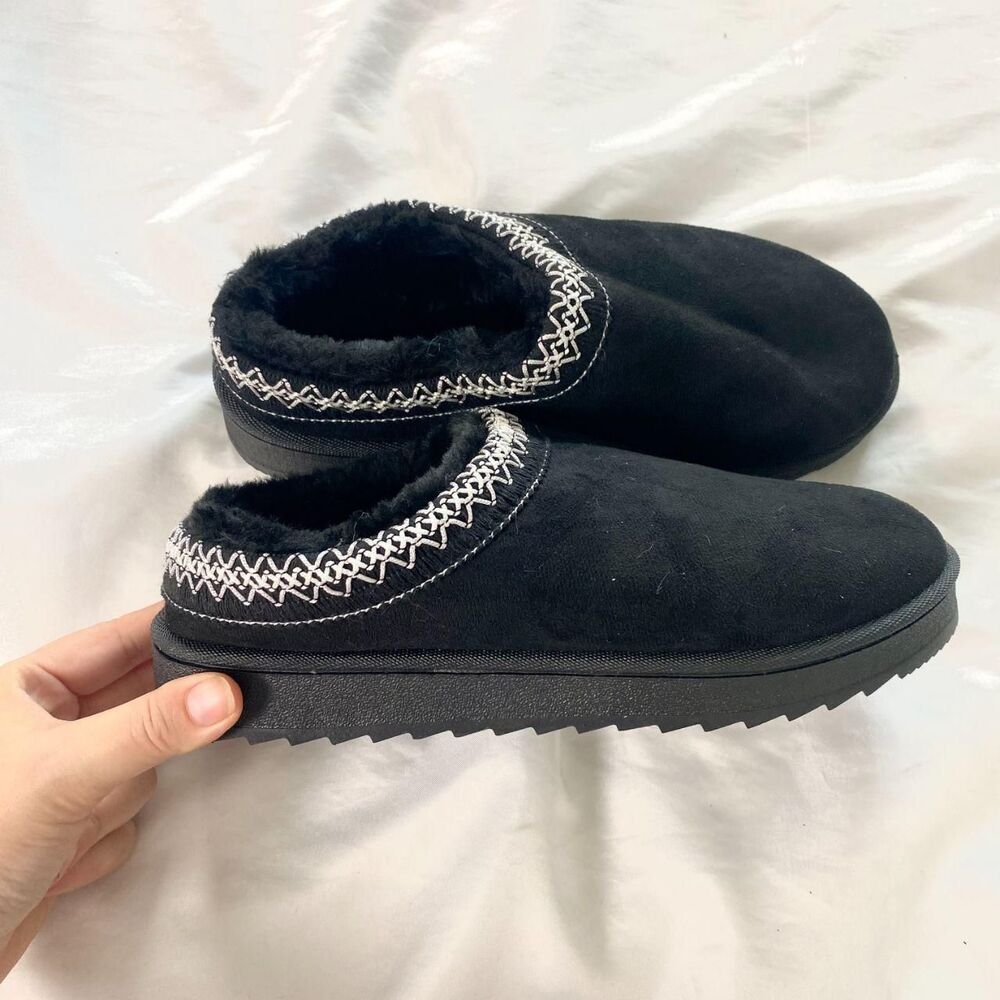 NEW Black White Trim Cozy Platform Embroidered Clog Slippers / Mules US 7 - Picture 3 of 6